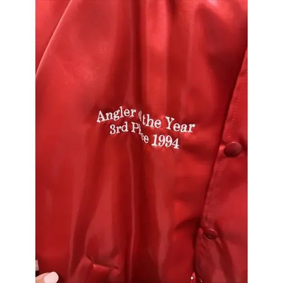 Vintage 1980s BASS MASTERS Red Satin Bomber Jacket w/PatchS & Logo